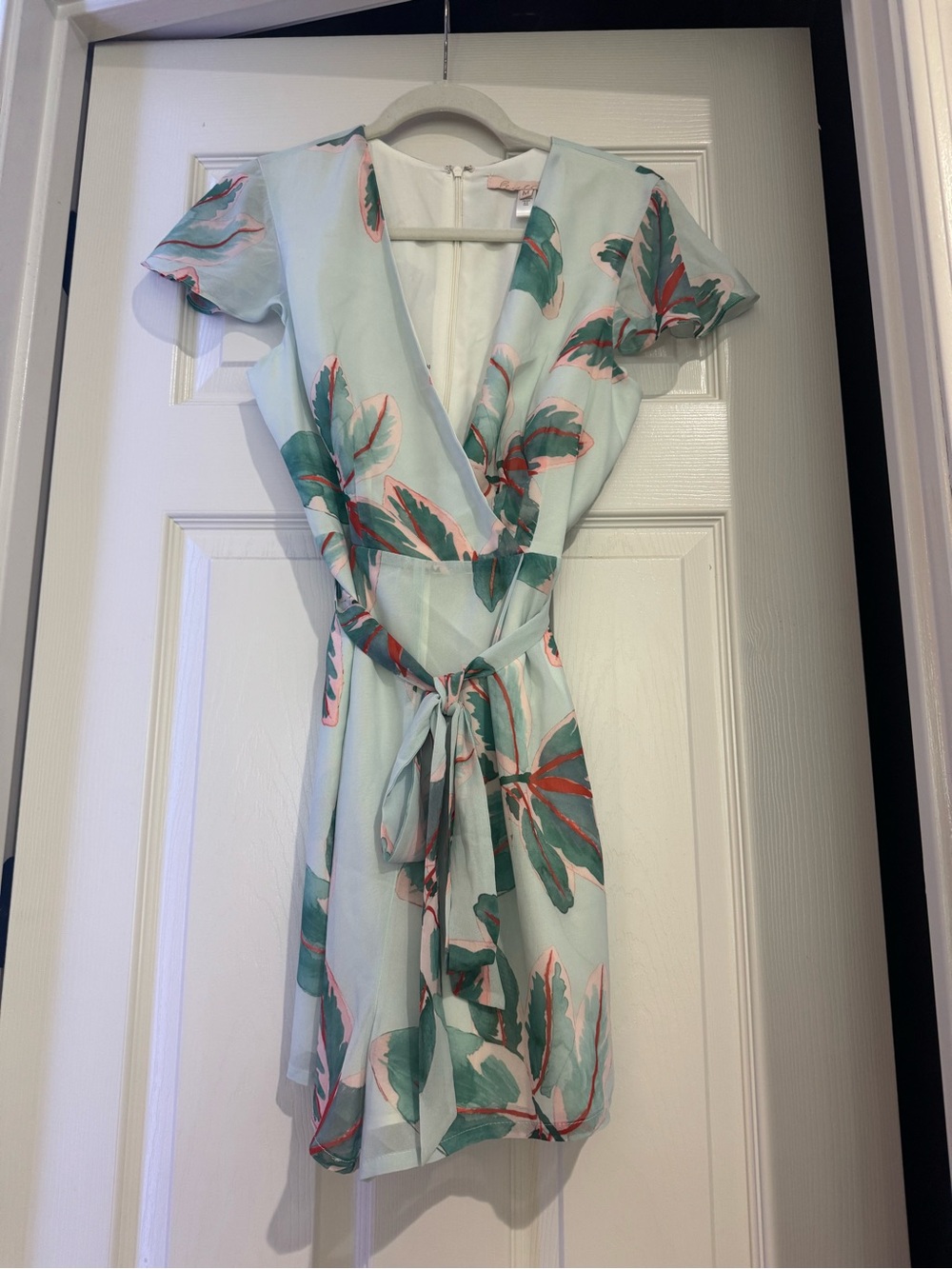 CHANEL Light Blue Mini Dress with Green and Coral Leaf Print
